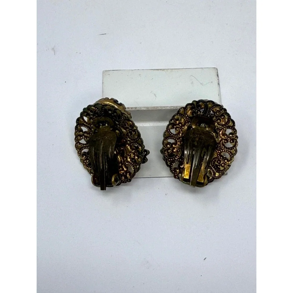 Vintage West Germany Black Glass Cameo Faux Pearl Gold Tone Clip On Earrings